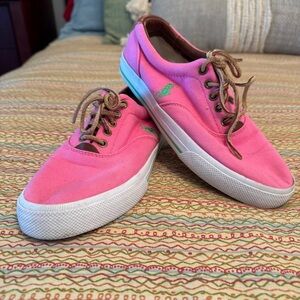 Polo by Ralph Lauren Vaughan Pink with Green Polo Logo Canvas Shoes Size 8D